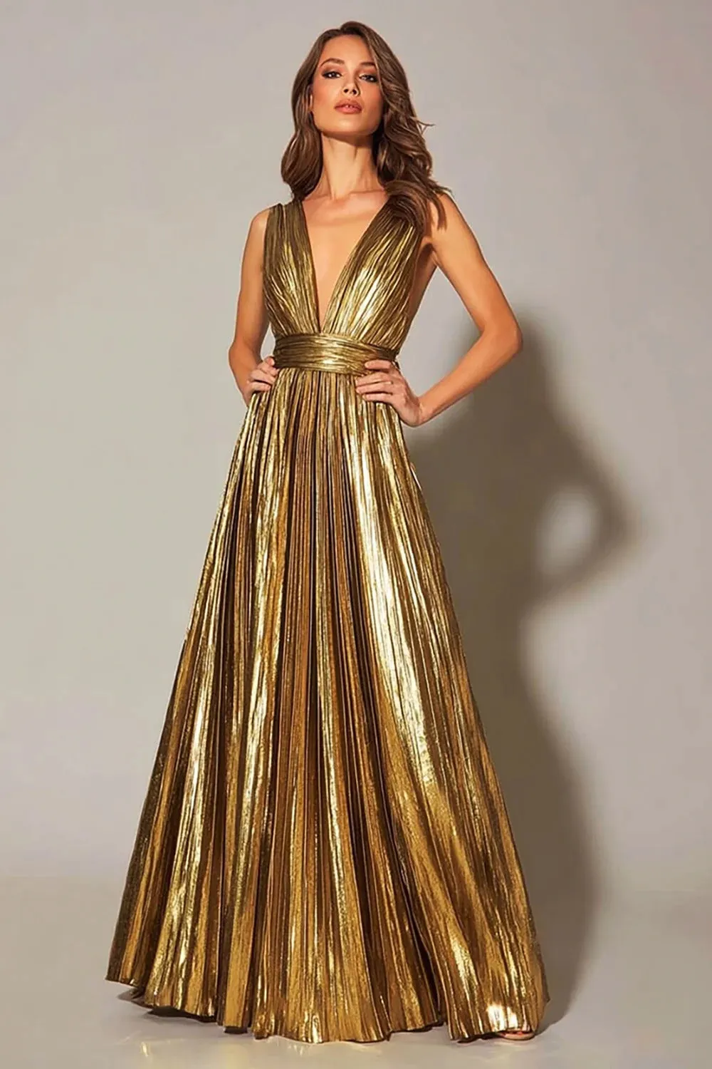 Golden Metallic A Line Pleated Formal Dress sold by Zapaka
