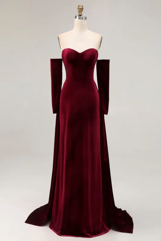 Dark Red Sweetheart A Line Long Velvet Dress with Long Sleeves sold by Zapaka