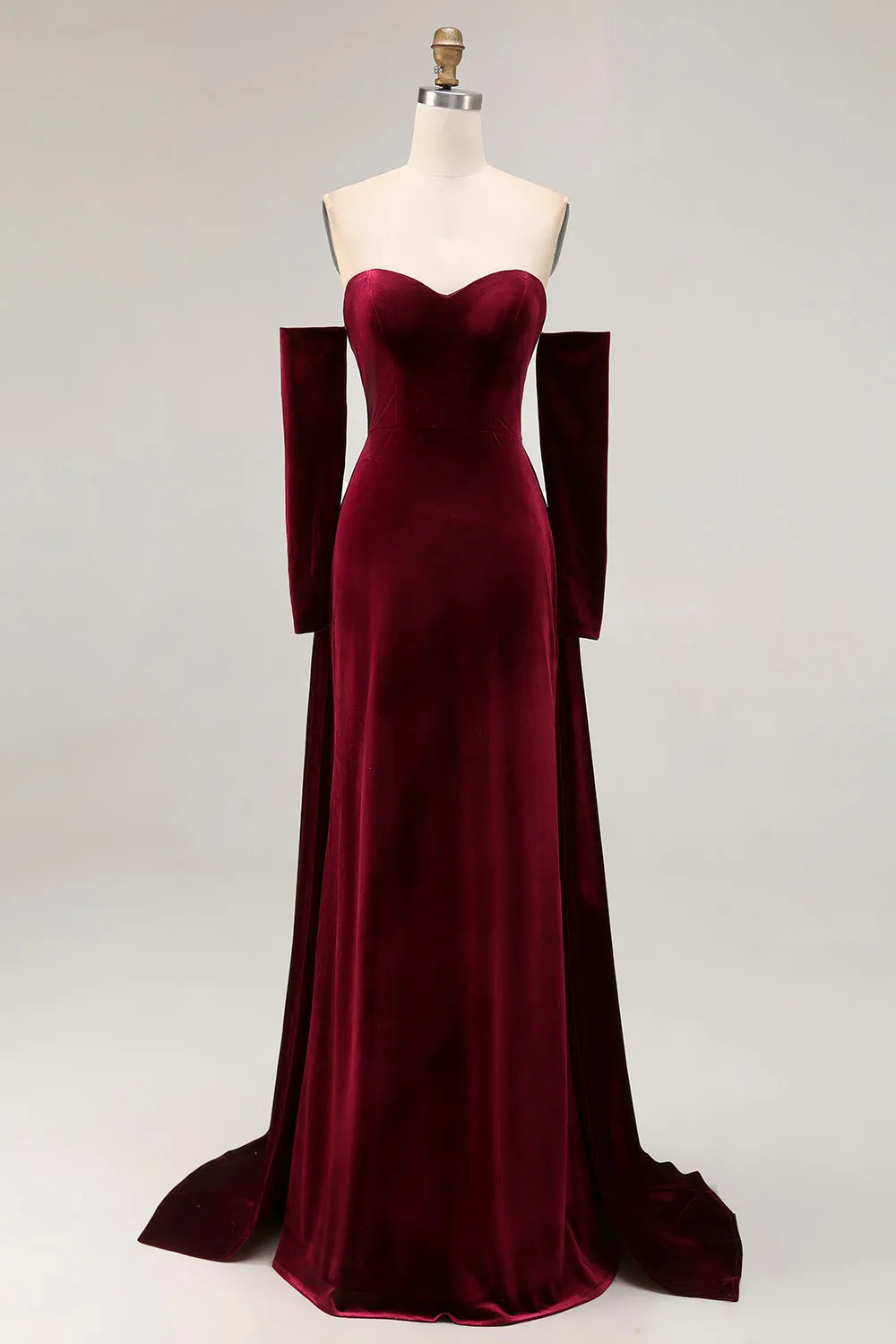 Dark Red Sweetheart A Line Long Velvet Dress with Long Sleeves sold by Zapaka