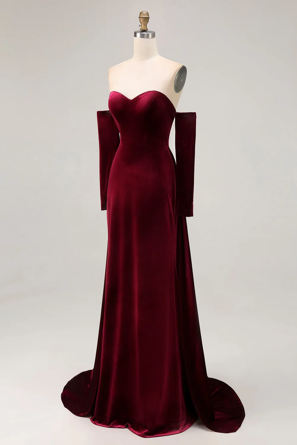 Dark Red Sweetheart A Line Long Velvet Dress with Long Sleeves sold by Zapaka product image thumbnail 5