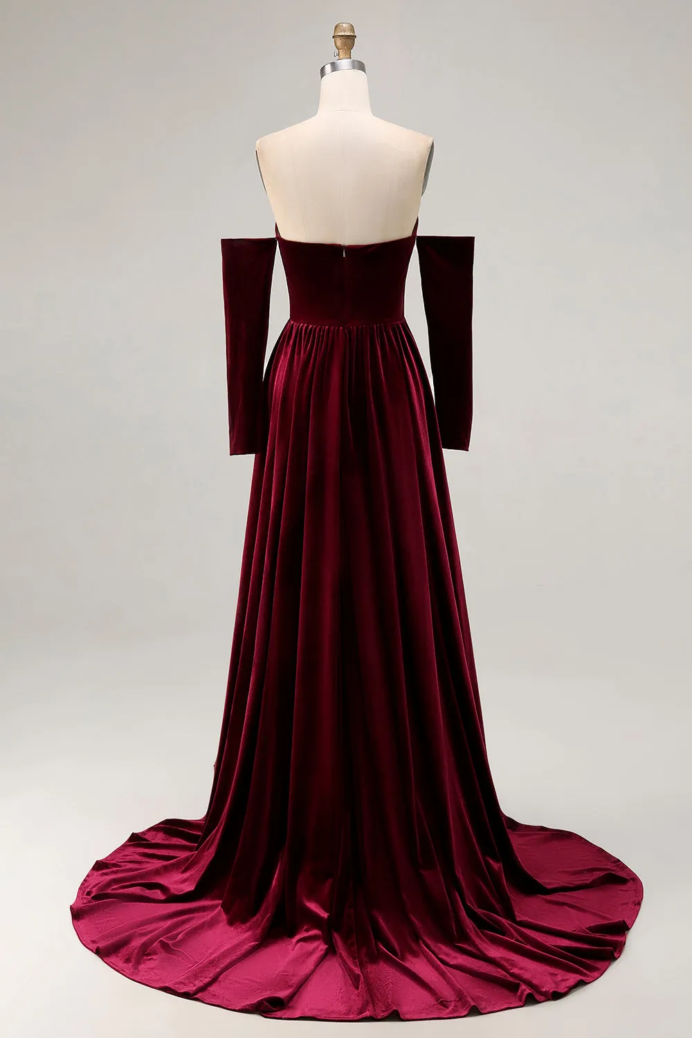 Dark Red Sweetheart A Line Long Velvet Dress with Long Sleeves sold by Zapaka product image thumbnail 2