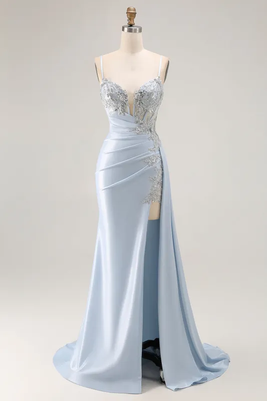 Light Blue Mermaid Appliqued Corset Long Prom Dress With Slit sold by Zapaka