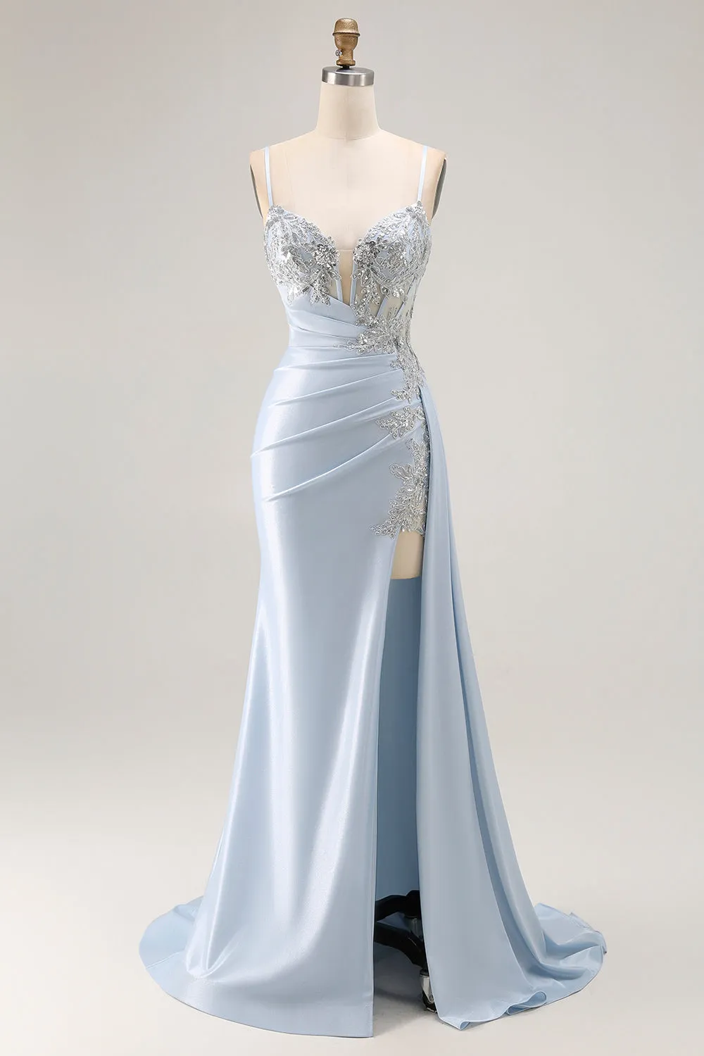 Light Blue Mermaid Appliqued Corset Long Prom Dress With Slit sold by Zapaka