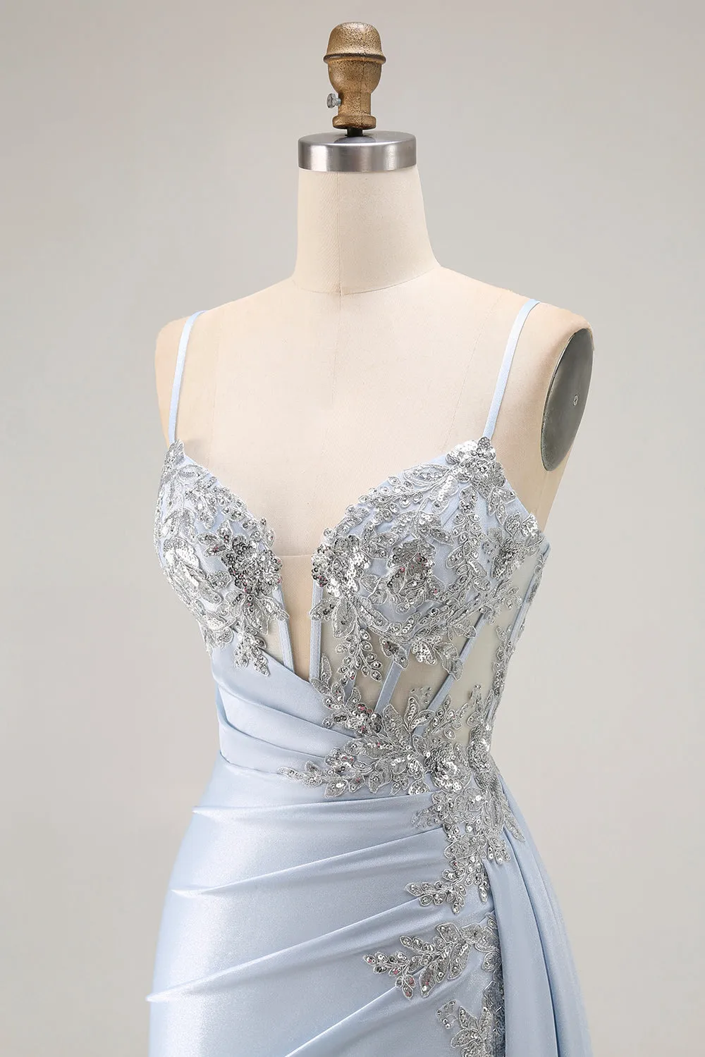 Light Blue Mermaid Appliqued Corset Long Prom Dress With Slit sold by Zapaka product image thumbnail 5