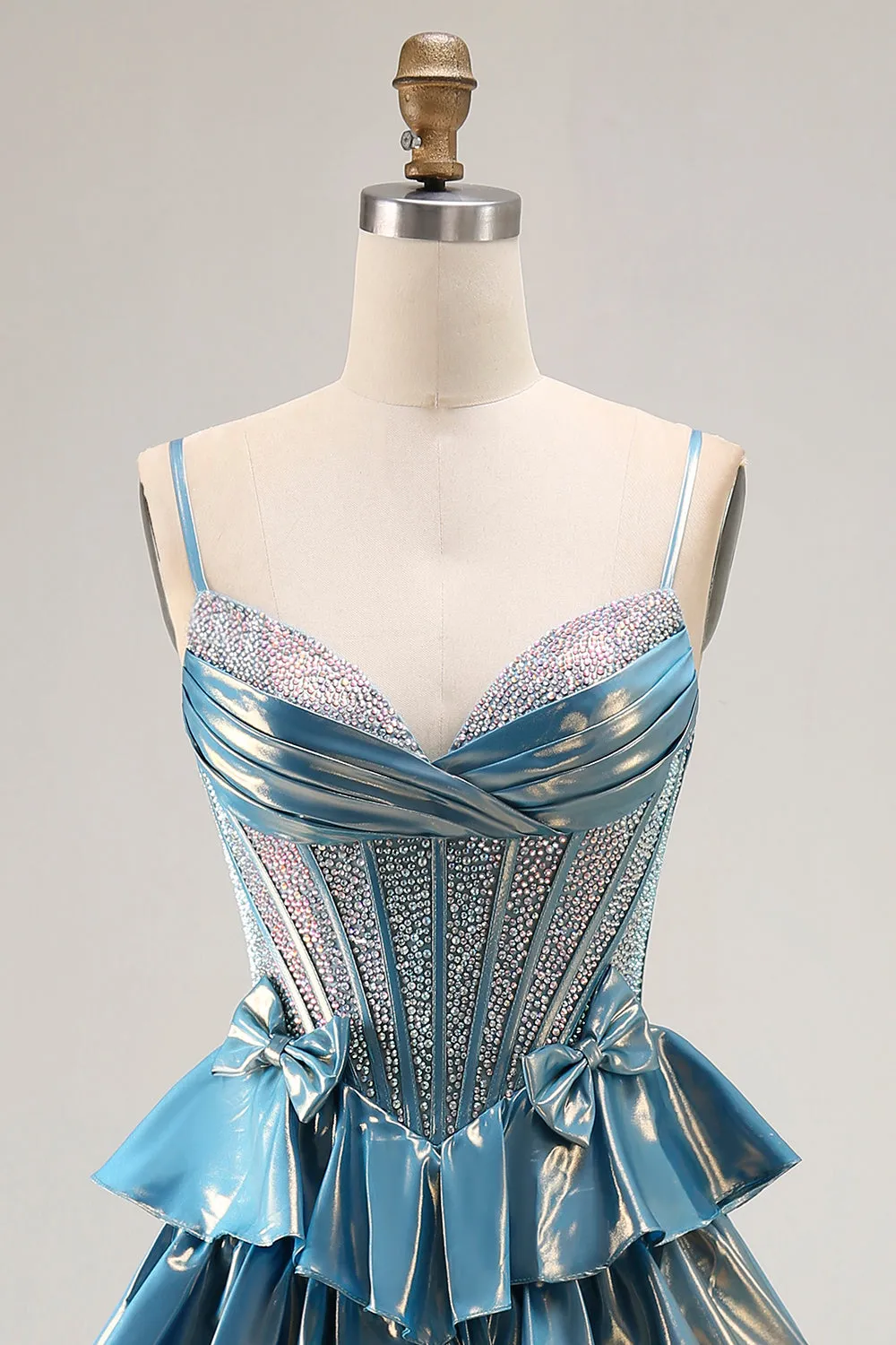 Blue Metallic A-Line Corset Tiered Long Prom Dress With Beading sold by Zapaka product image thumbnail 4