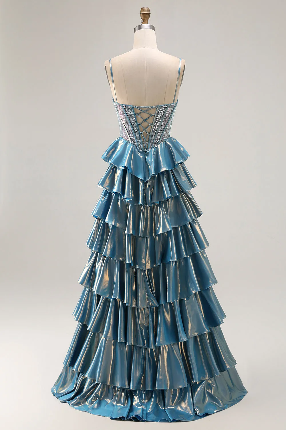 Blue Metallic A-Line Corset Tiered Long Prom Dress With Beading sold by Zapaka product image thumbnail 2