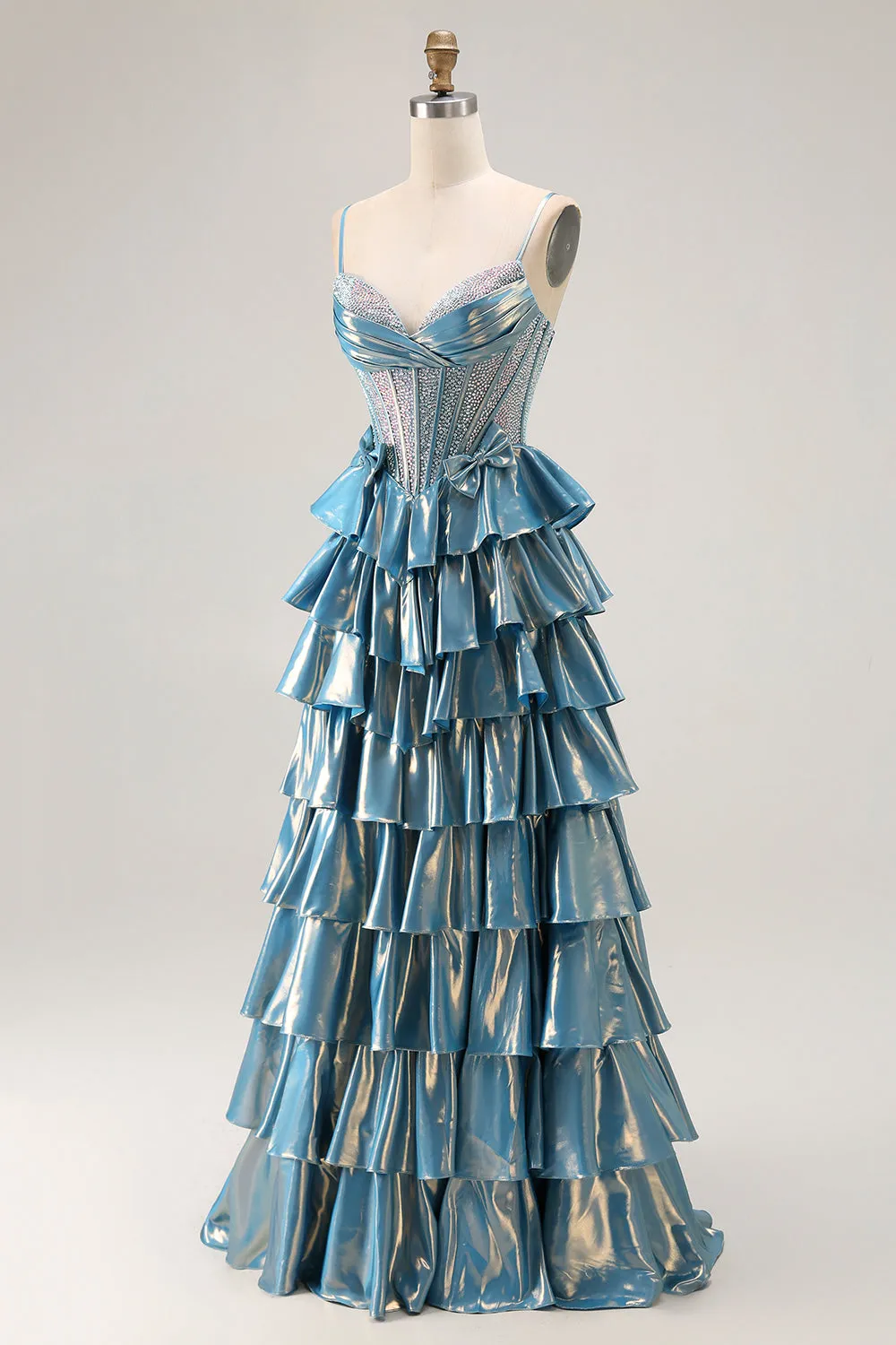 Blue Metallic A-Line Corset Tiered Long Prom Dress With Beading sold by Zapaka product image thumbnail 3