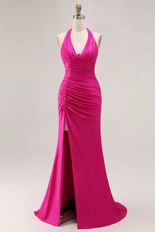 Fuchsia Halter Ruched Mermaid Long Prom Dress With Slit sold by Zapaka