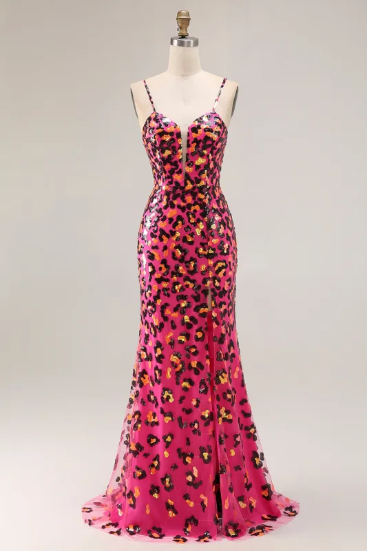 Fuchsia Leopard Mermaid Sequins Spaghetti Straps Long Prom Dress With Slit sold by Zapaka