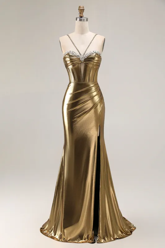 Metallic Golden Beaded Corset Mermaid Long Prom Dress With Slit sold by Zapaka