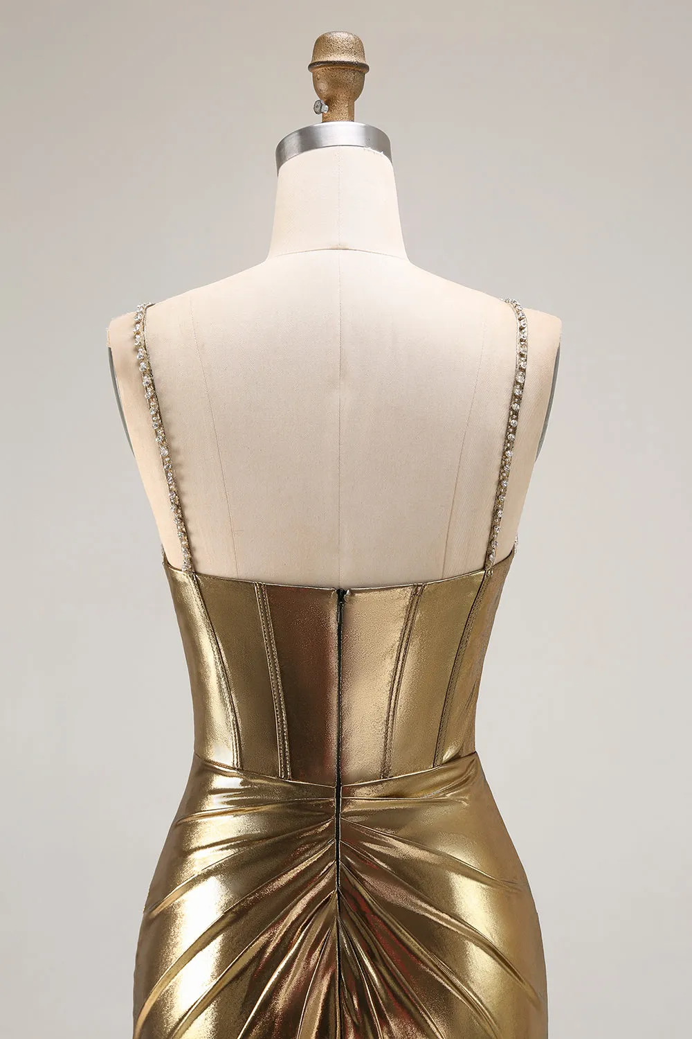 Metallic Golden Mermaid Beaded Corset Keyhole Long Prom Dress With Slit sold by Zapaka product image thumbnail 5
