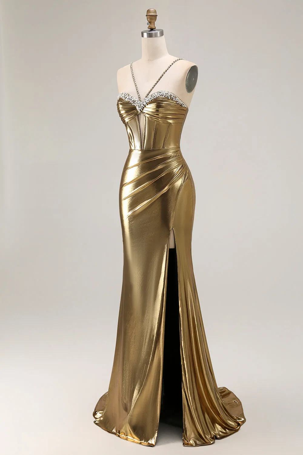 Metallic Golden Mermaid Beaded Corset Keyhole Long Prom Dress With Slit sold by Zapaka product image thumbnail 3