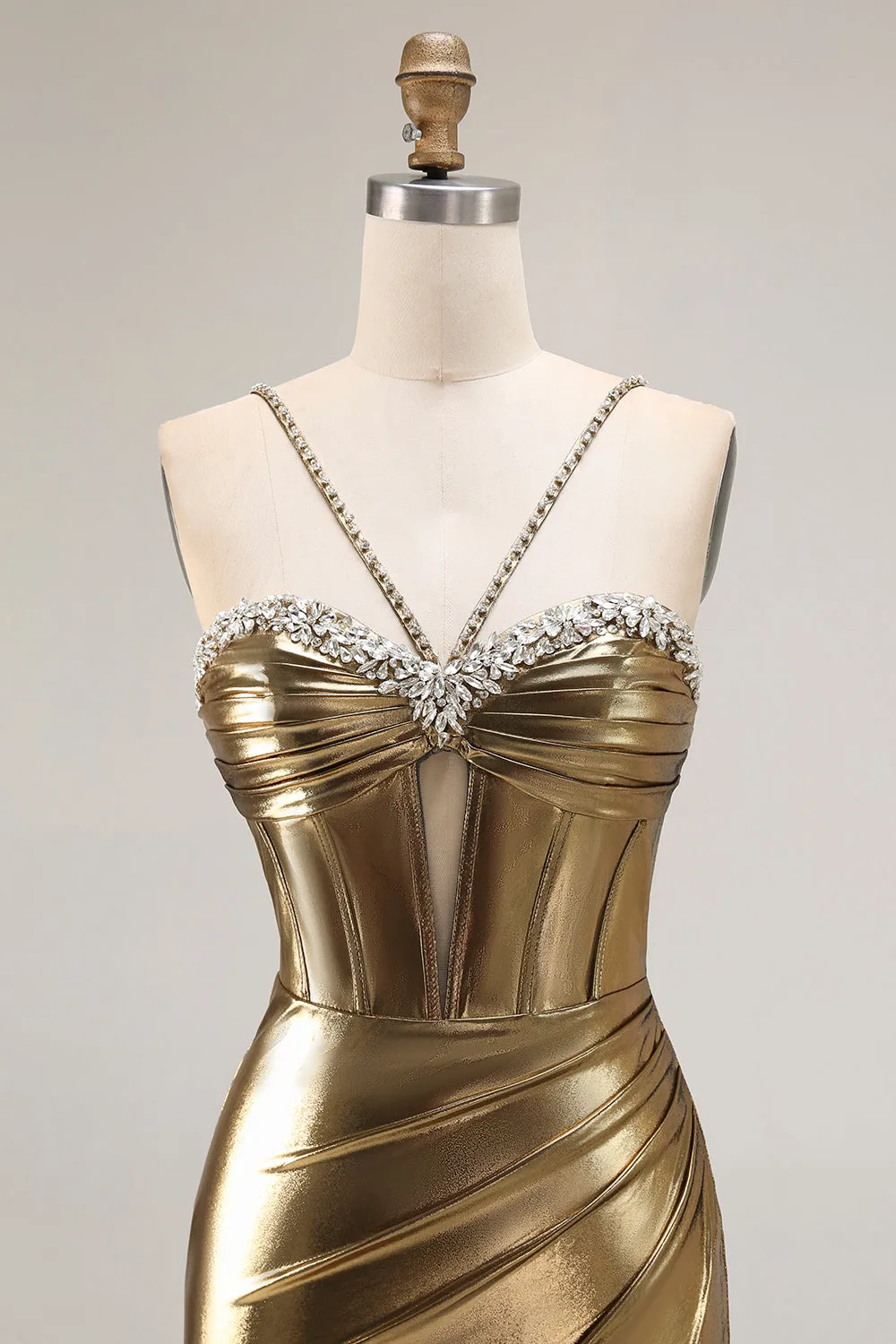 Metallic Golden Mermaid Beaded Corset Keyhole Long Prom Dress With Slit sold by Zapaka product image thumbnail 4