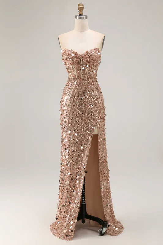 Sparkly Golden Strapless Sheath Sequins Long Prom Dress With Slit sold by Zapaka