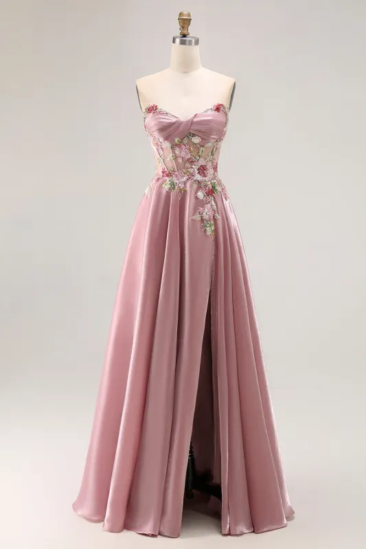 Sweetheart A Line Appliqued Grey Pink Long Prom Dress With Slit sold by Zapaka