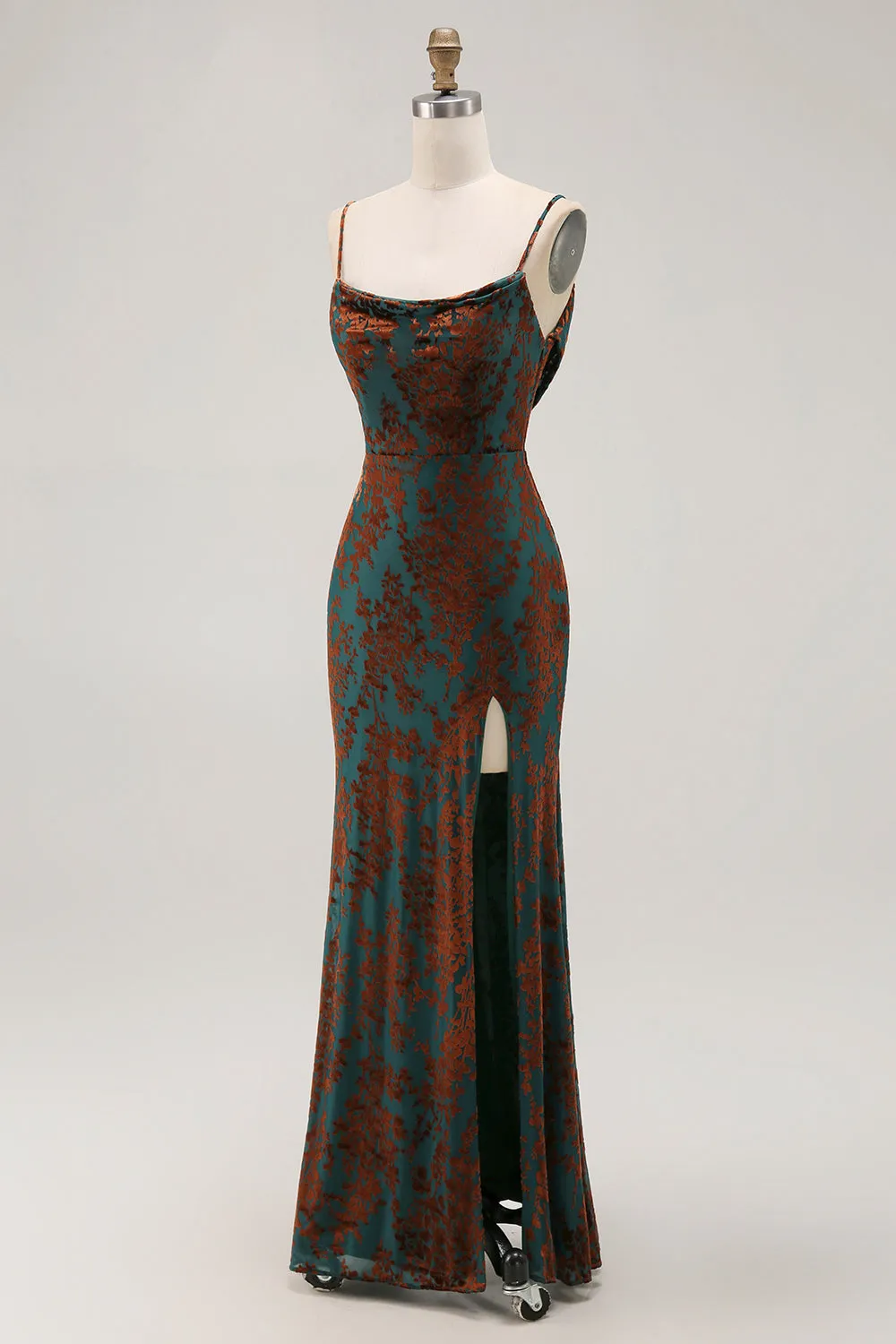 Dark Green Sheath Printed Long Bridesmaid Dress With Slit sold by Zapaka product image thumbnail 3