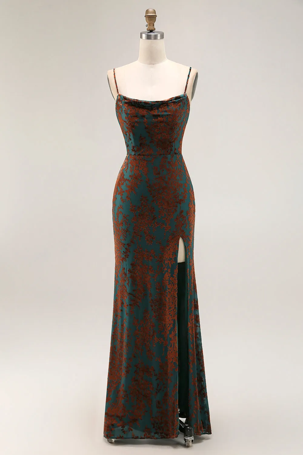 Dark Green Sheath Printed Long Bridesmaid Dress With Slit sold by Zapaka