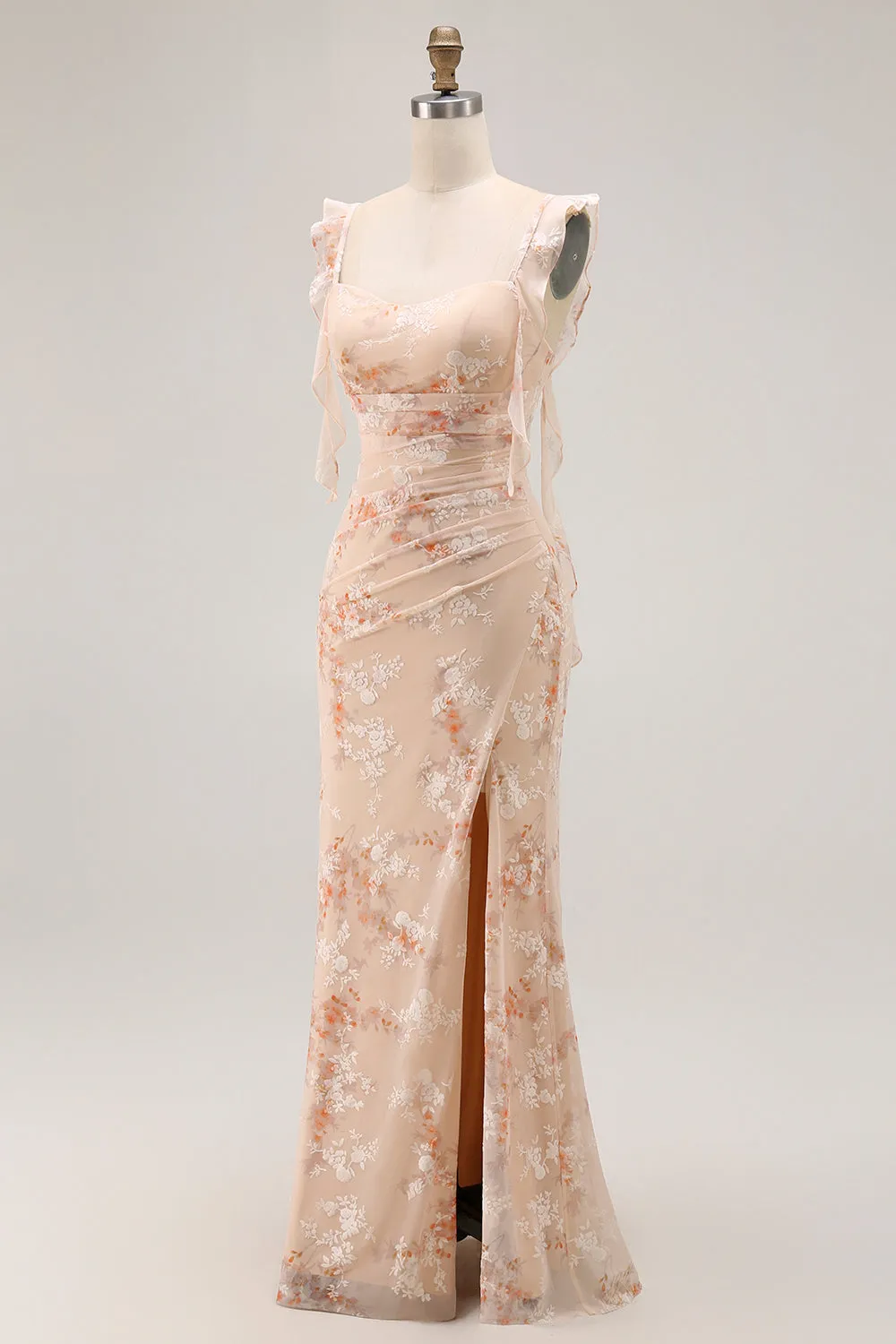 Champagne Floral Sheath Long Bridesmaid Dress With Slit sold by Zapaka product image thumbnail 3