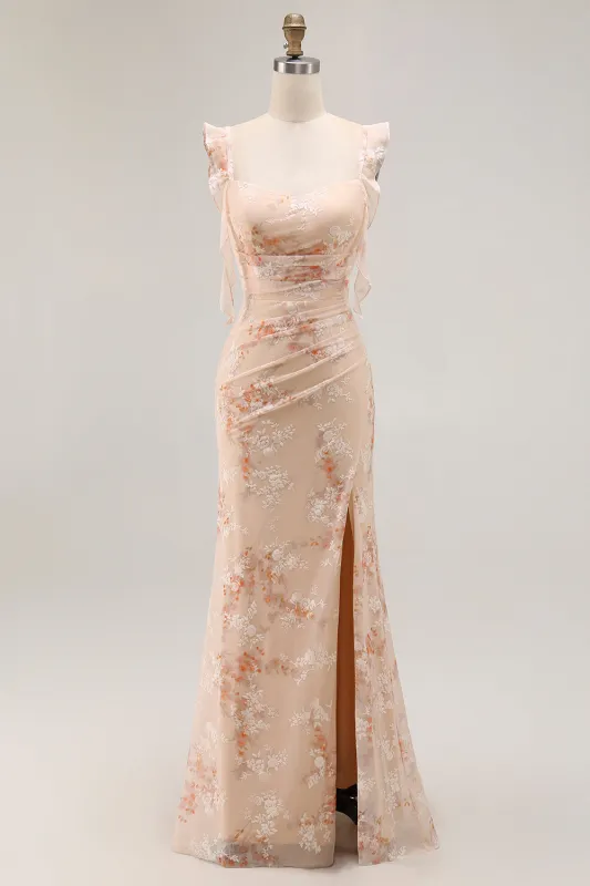 Champagne Floral Sheath Long Bridesmaid Dress With Slit sold by Zapaka