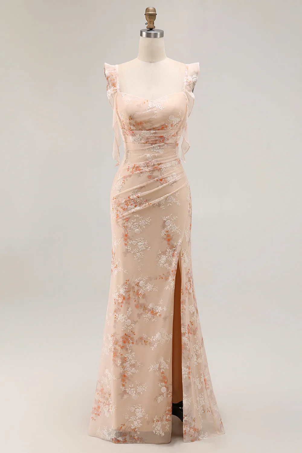 Champagne Floral Sheath Long Bridesmaid Dress With Slit sold by Zapaka