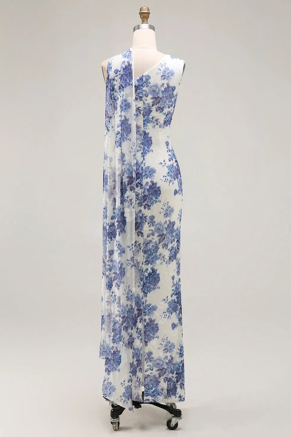 One Shoulder Blue Floral Sheath Bridesmaid Dress With Shawl sold by Zapaka product image thumbnail 2