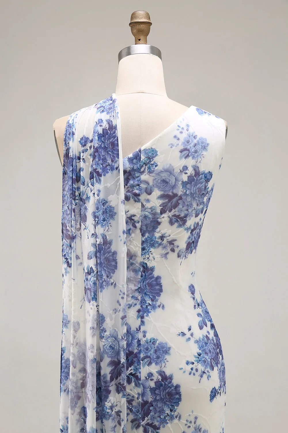 One Shoulder Blue Floral Sheath Bridesmaid Dress With Shawl sold by Zapaka product image thumbnail 5
