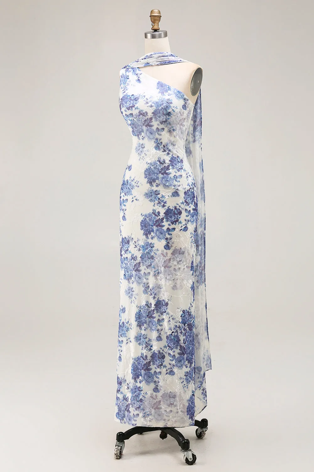 One Shoulder Blue Floral Sheath Bridesmaid Dress With Shawl sold by Zapaka product image thumbnail 3