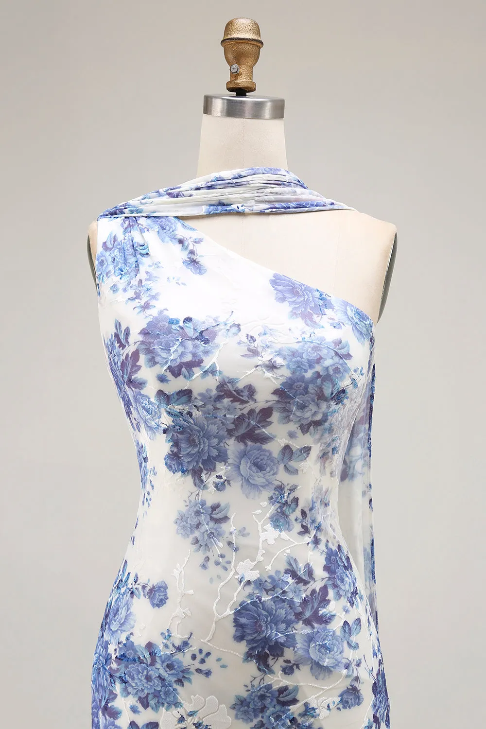 One Shoulder Blue Floral Sheath Bridesmaid Dress With Shawl sold by Zapaka product image thumbnail 4