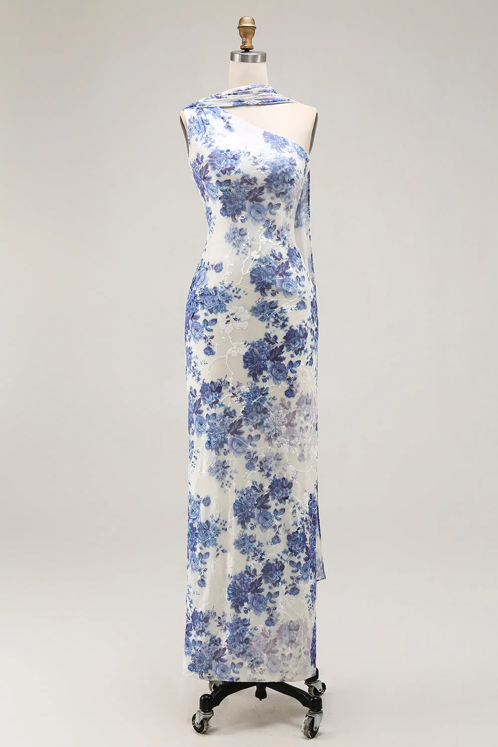 One Shoulder Blue Floral Sheath Bridesmaid Dress With Shawl sold by Zapaka