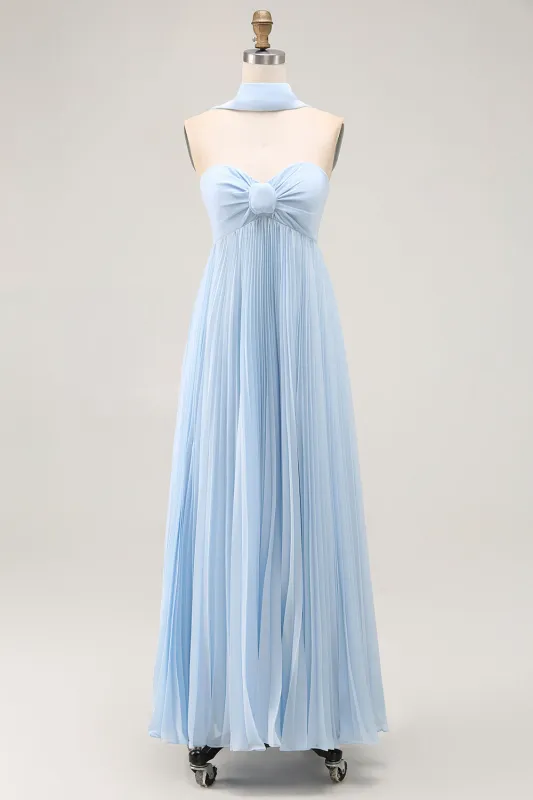 Strapless Sky Blue A Line Pleated Bridesmaid Dress with Halter Scarf sold by Zapaka