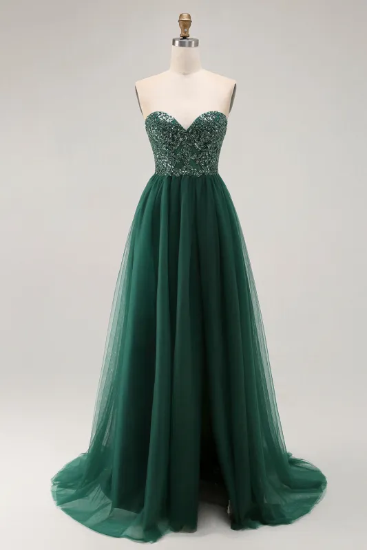Dark Green Sequin Strapless A Line Long Prom Dress sold by Zapaka