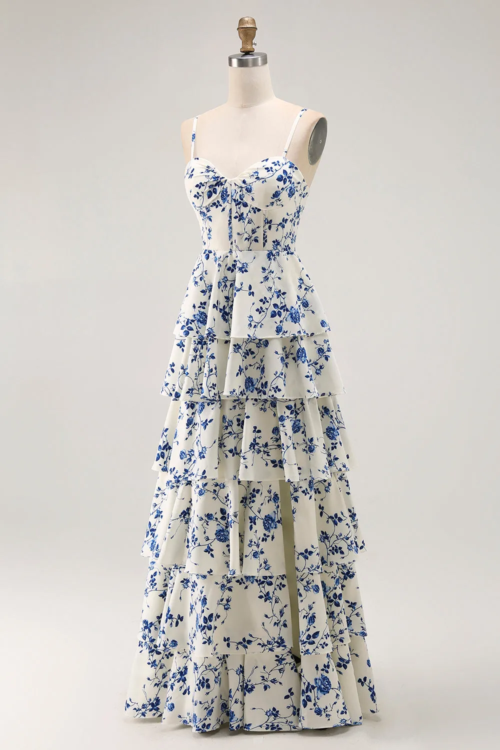 Blue Floral A Line Tiered Ruffled Long Prom Dress with Slit sold by Zapaka product image thumbnail 3