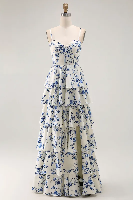 Blue Floral A Line Tiered Ruffled Long Prom Dress with Slit sold by Zapaka