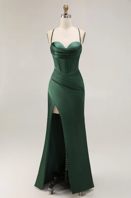Dark Green Corset Satin Prom Dress With Slit sold by Zapaka