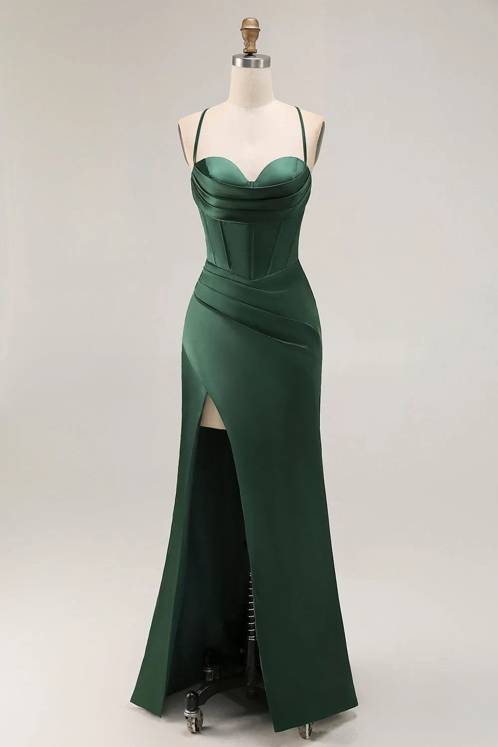 Dark Green Corset Satin Prom Dress With Slit sold by Zapaka