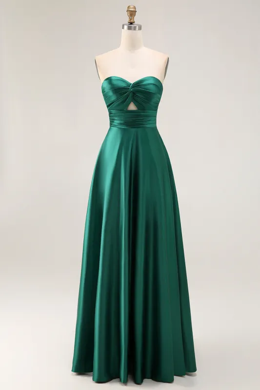 Strapless A Line Dark Green Satin Cut-Out Wedding Guest Dress sold by Zapaka