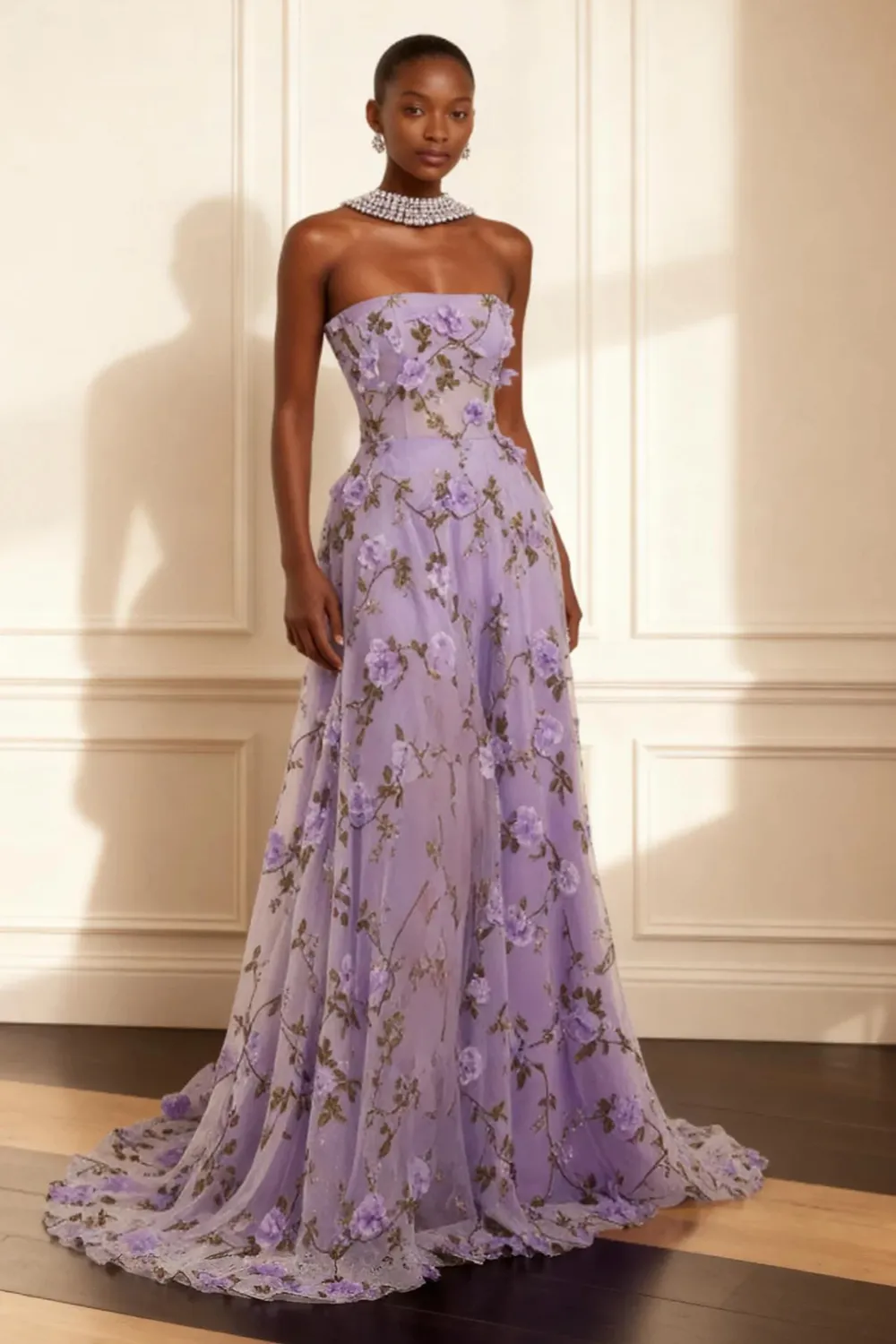 Purple Strapless Appliqued A-Line Long Prom Dress With 3D Flowers sold by Zapaka