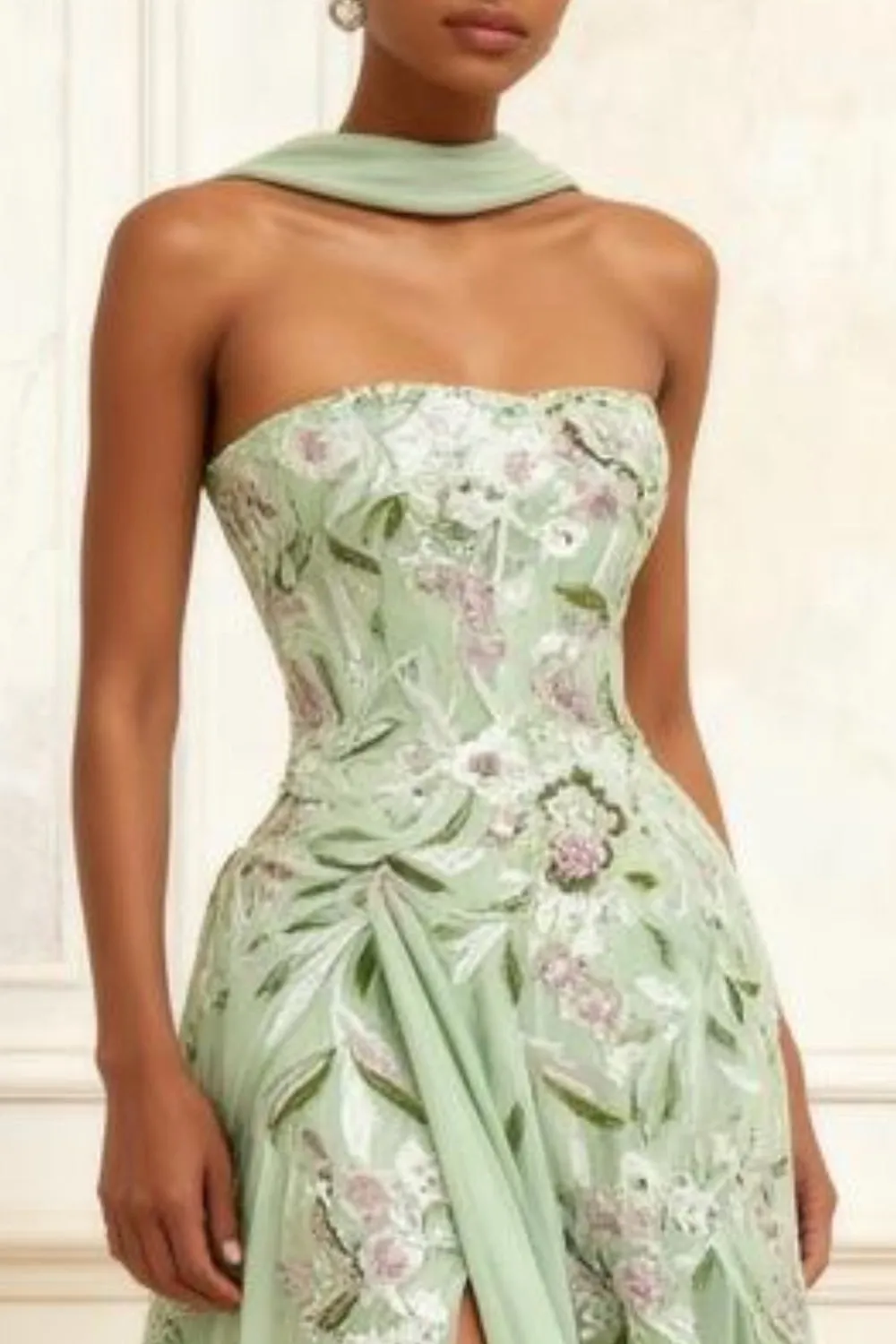 Dusty Sage Strapless A-Line Embroidered Long Prom Dress With Slit sold by Zapaka product image thumbnail 3