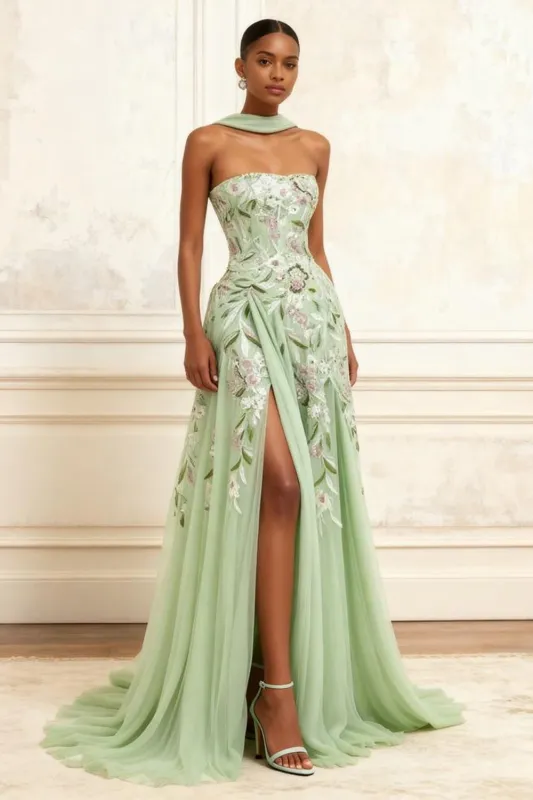 Dusty Sage Strapless A-Line Embroidered Long Prom Dress With Slit sold by Zapaka