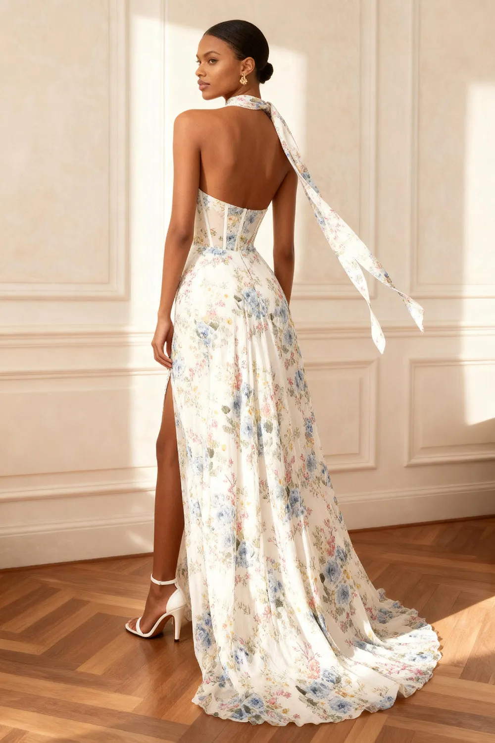 Strapless White Printed Corset Prom Dress With Slit sold by Zapaka product image thumbnail 2