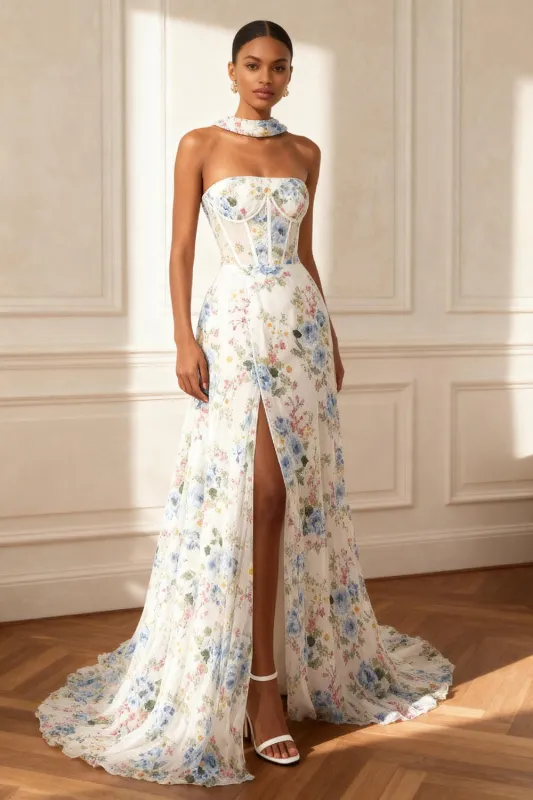 Strapless White Printed Corset Prom Dress With Slit sold by Zapaka