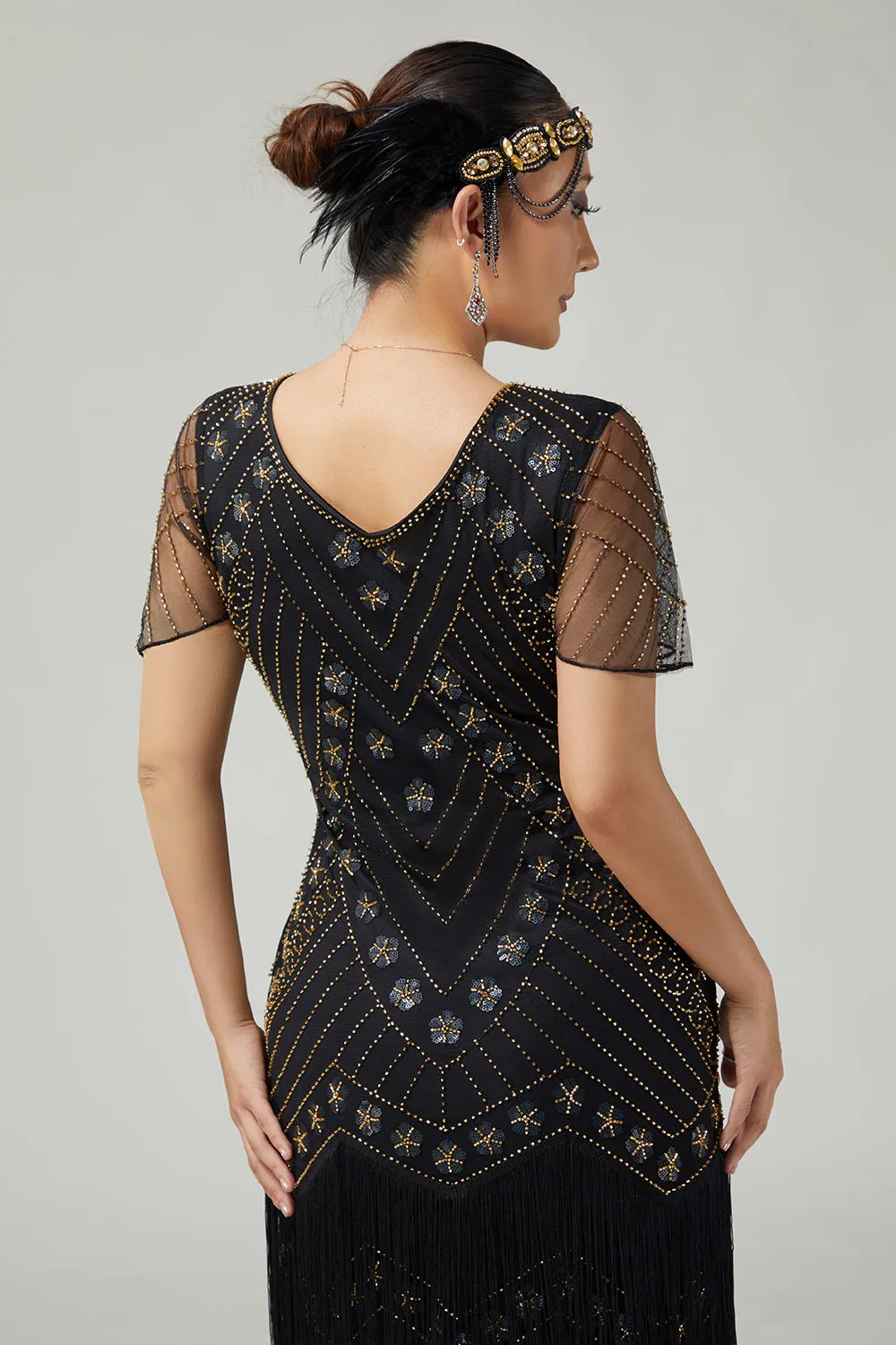 Black Golden V-Neck Bodycon Fringed 1920s Dress With 5-Piece Accessories Set sold by Zapaka product image thumbnail 5