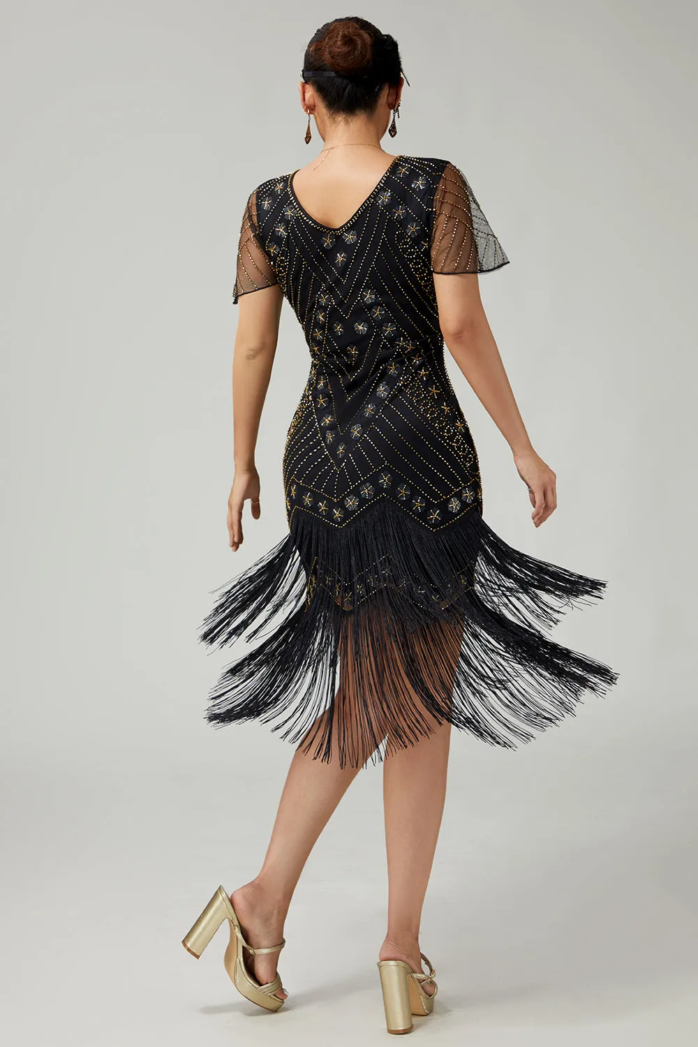 Black Golden V-Neck Bodycon Fringed 1920s Dress With 5-Piece Accessories Set sold by Zapaka product image thumbnail 2