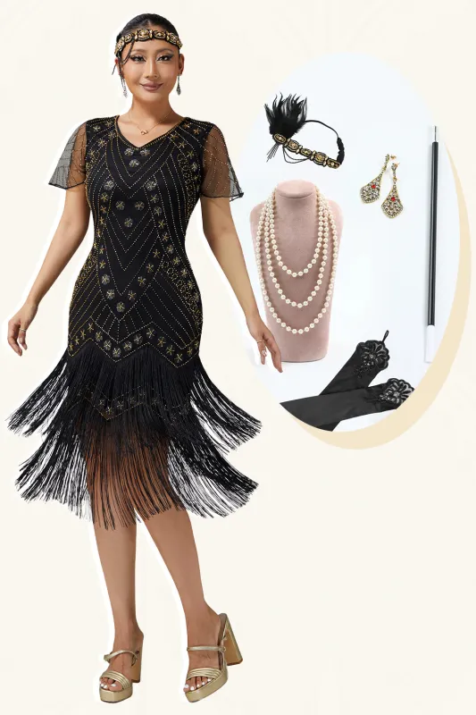 Black Golden V-Neck Bodycon Fringed 1920s Dress With 5-Piece Accessories Set sold by Zapaka