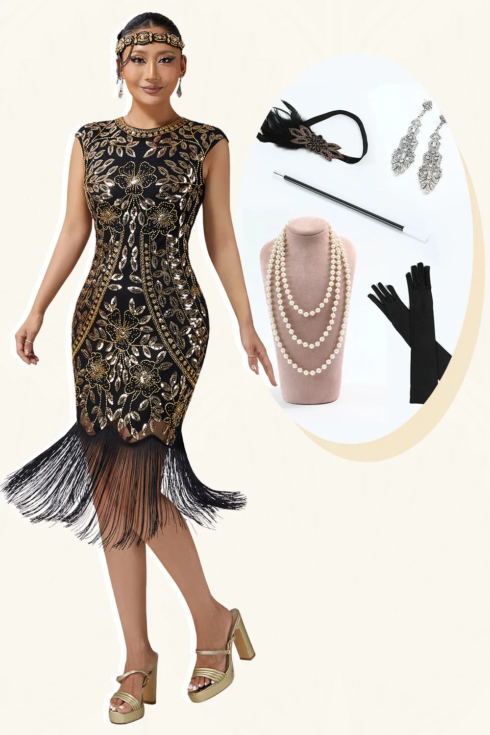 Sparkly Black Golden Bodycon Fringed 1920s Dress With 5-Piece Accessories Set sold by Zapaka