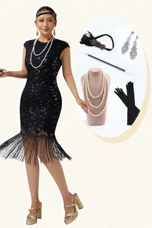 Black Bodycon Sequins Fringed 1920s Dress With 5-Piece Accessories Set sold by Zapaka