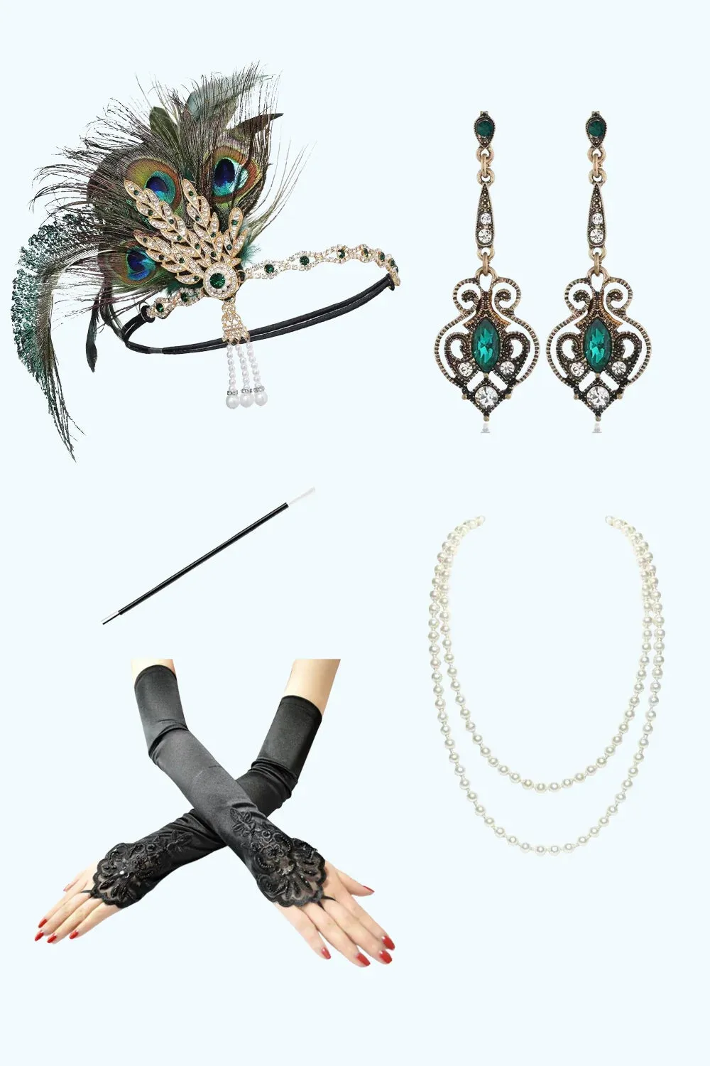 Sparkly Dark Green Fringed Bodycon 1920s Dress With 5-Piece Accessories Set sold by Zapaka product image thumbnail 3