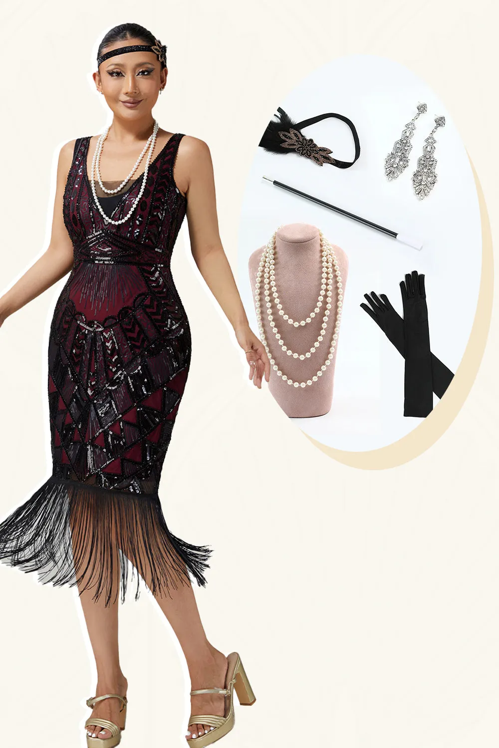 Burgundy Sequin Fringed Bodycon 1920s Dress With 5-Piece Accessories Set sold by Zapaka