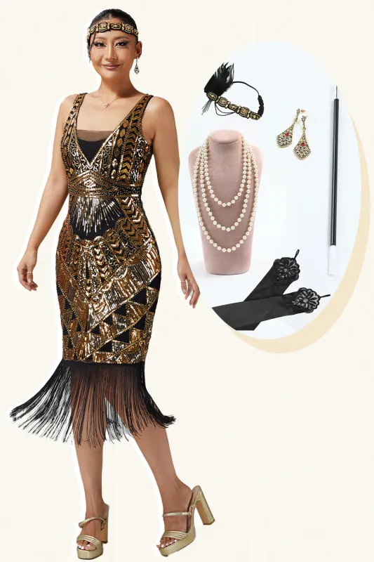Black Golden Sequin Bodycon Fringed 1920s Dress With 5-Piece Accessories Set sold by Zapaka