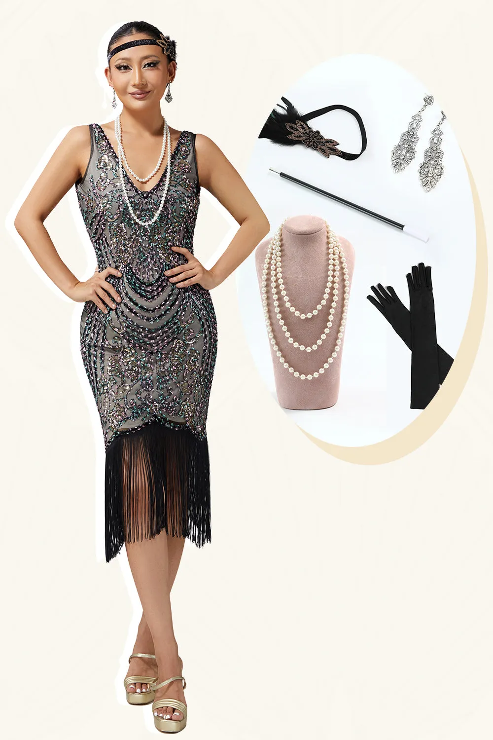 Black Apricot Bodycon Fringed Sequin 1920s Dress With 5-Piece Accessories Set sold by Zapaka